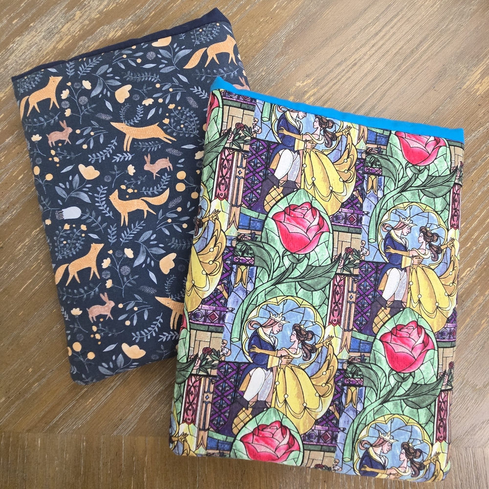 Set of 2 Padded Book Sleeves – Beauty & the Beast + Woodland Fox Floral –10.5”x8